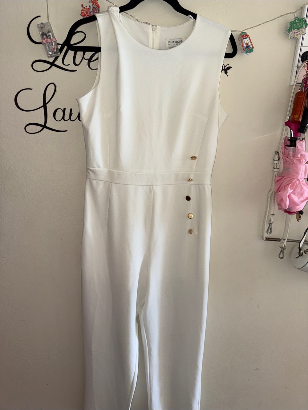 Enfocus Studio White Sleeveless Jumpsuit with Side Button Accents